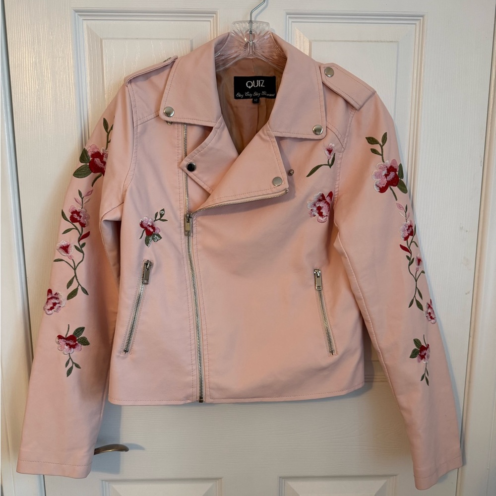 Kids 12 Pink Floral Embroidered faux leather  Jacket